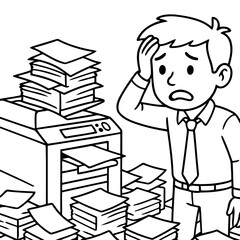 Paperwork Overload: A person is overwhelmed by a mountain of paperwork from the machine in office. capturing the stress of modern office life.