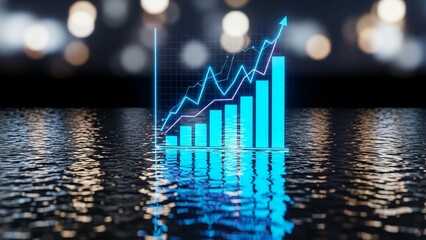 Stunning digital bar and line graph projecting upward growth reflected dramatically over dark, rippling water surface at night