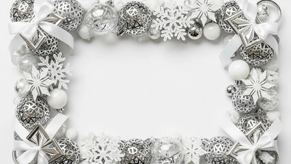 Minimal silver-white Christmas border with frosted snowflakes and glass baubles
