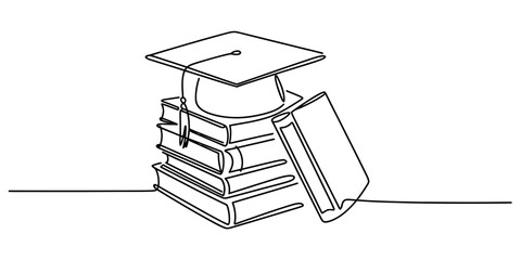 One line drawing of a graduation cap on a stack of books, isolated on education concept, continuous line art continuous one line art of vector illustration