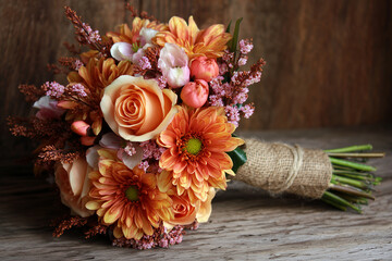 Bright orange floral bouquet placed on wooden surface in a natural setting