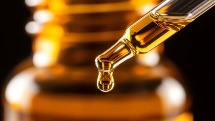 Close-up of Golden Oil Dropping from Pipette into Amber Bottle.