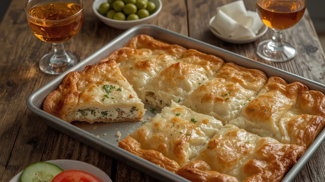 Layers of flaky yufka pastry filled with creamy feta cheese and fresh parsley, served on a rustic wooden table with olives, tomatoes, and tea, showcasing a delicious traditional dish