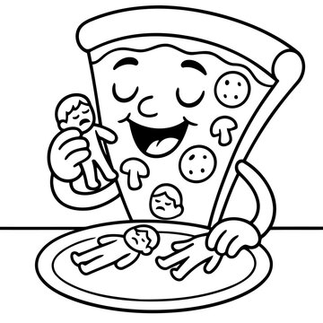 Pizza Slice Cartoon: A whimsical illustration of a pizza slice with a friendly face, holding tiny human figures on a plate. This artwork is playful and creative.