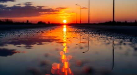Golden sunset light reflects on a wet asphalt road, creating a vibrant, tranquil scene with distant streetlights under a dramatic evening sky