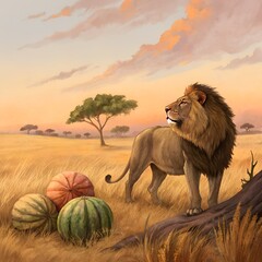 A majestic lion beside ripe melons on a glowing savannah background
