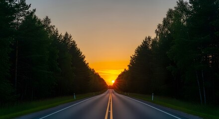 Golden hour glow illuminates a tranquil, tree-lined asphalt road, stretching towards the vibrant setting sun, symbolizing a peaceful journey and scenic escape