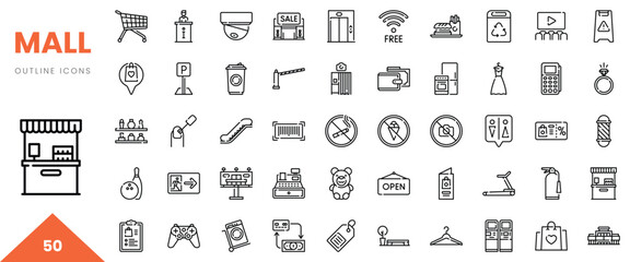 Various outline icons representing shopping mall elements and services in a clean design.