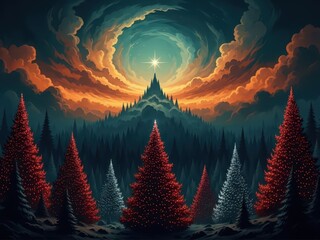Mystical night landscape with glowing star above a dark forest and brightly lit christmas tree in a magical winter scene
