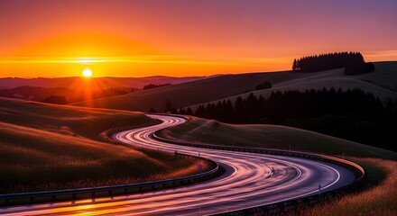 Captivating sunset paints a winding country road with brilliant orange and purple hues, creating a serene and cinematic landscape scene at dusk