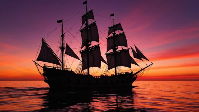pirate style ship silhouetted against a vibrant sunset sky with orange, red, and purple gradients
