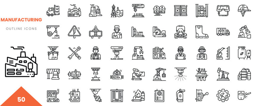 Collection of outline icons depicting various manufacturing equipment and tools.