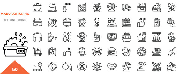 A comprehensive set of manufacturing outline icons depicting various industry tools and processes.