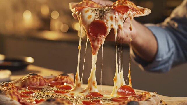 pizza slice lifted toward the mouth, but the mouth itself remains out of frame. Focus on melted cheese pulling, crispy crust texture, and toppings