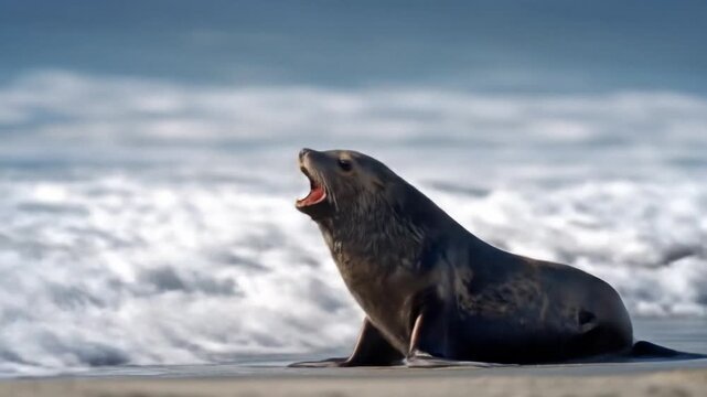 Seal on a sunlit beach arches its head toward the sky as waves foam behind a calm horizon. Soft glow
