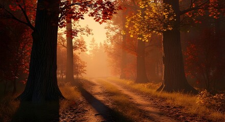 Winding forest path bathed in warm, golden light during a tranquil autumn sunset, with vibrant fall foliage illuminating the peaceful woodland scene and creating long, captivating shadows