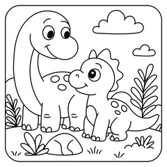 Cute Brontosaurus and Baby Dinosaur Together – Coloring Page © ZANNATUL