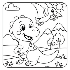 Cute Dinosaur with Flying Pterodactyl – Prehistoric Coloring Page © ZANNATUL