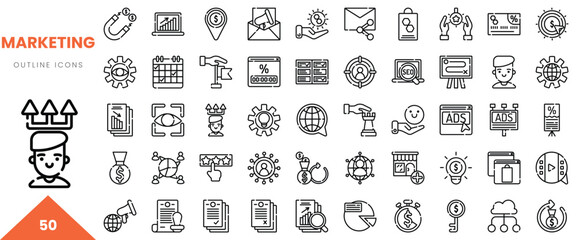 A collection of marketing-themed outline icons showcasing various marketing concepts and tools.