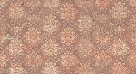 Close-up of a pink and beige floral patterned wallpaper with a repeating design