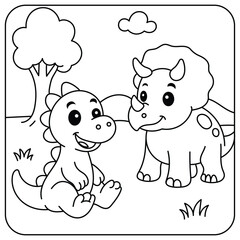 Cute Baby Dinosaur and Triceratops Friends – Coloring Page