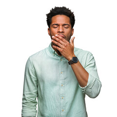 Young Black man yawning and covering his mouth with hand, feeling tired on an isolated transparent background.