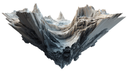 Floating fantasy island landscape with surreal eroded rock formations and abstract mountain valley on transparent background