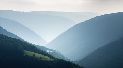echoing. Sound waves echoing between canyon walls in a misty valley, wide landscape view. travel magazines, destination branding, designed for outdoor magazines and nature guides.