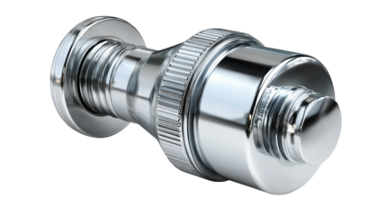 Sleek chrome bolt with a threaded shaft and textured adjustment knob, set against a clear backdrop