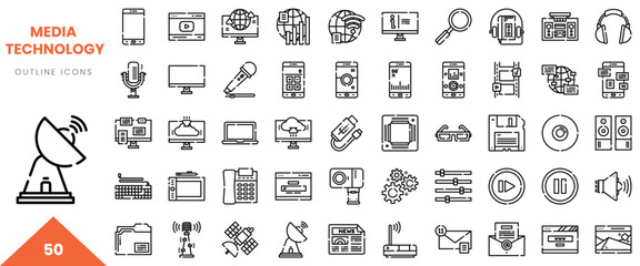 A diverse set of media technology outline icons showcasing various devices and tools.