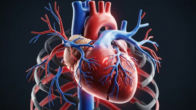 Human heart anatomy illustration. Heart with arteries and veins. Cardiovascular system. Red and blue vessels. Detailed medical illustration. Isolated on dark background. Human organ. Medical concept.