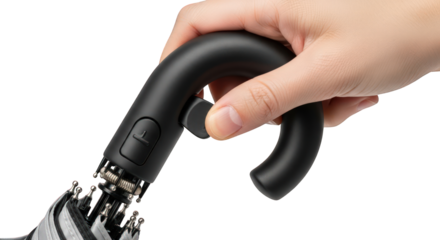 Hand holding a black umbrella handle against a white background.