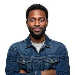 Fototapeta premium Confident Young Black Man with Arms Crossed Smiling at Camera on Isolated transparent background