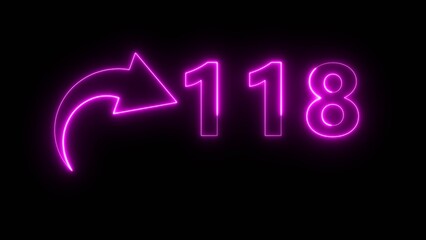 Counting neon 118 number illustration. Neon text number on black background.  Neon count number.