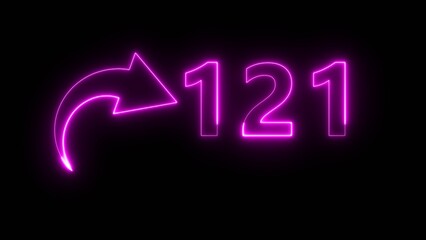 Counting neon 121 number illustration. Neon text number on black background.  Neon count number.