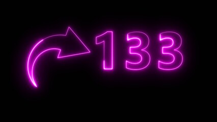 Counting neon 133 number illustration. Neon text number on black background.  Neon count number.