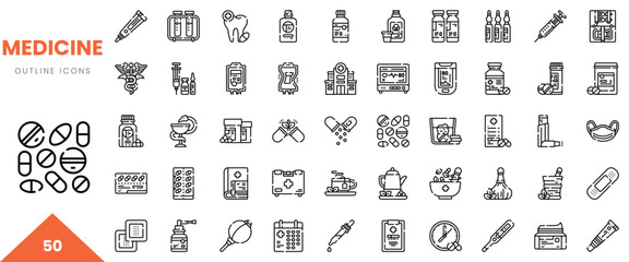Collection of 50 medicine outline icons showcasing various medical supplies and symbols.