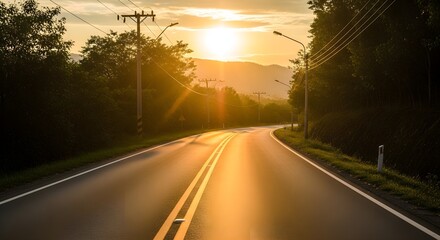 Empty winding road bathed in the warm glow of the setting sun, creating a serene and picturesque landscape during golden hour