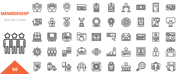 Collection of membership outline icons featuring awards, computers, and security symbols.