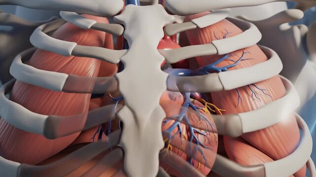 Human ribcage with lungs and heart. Detailed anatomy illustration. Internal organs visible. Ribs and sternum shown. Medical education diagram. Human body anatomy. Thoracic cavity view. Lungs and