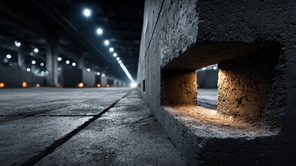 Fototapeta premium Concrete wall with rectangular opening, vast industrial space in perspective