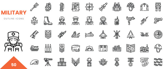 Fototapeta premium A collection of 50 military-themed outline icons, showcasing various equipment and personnel.