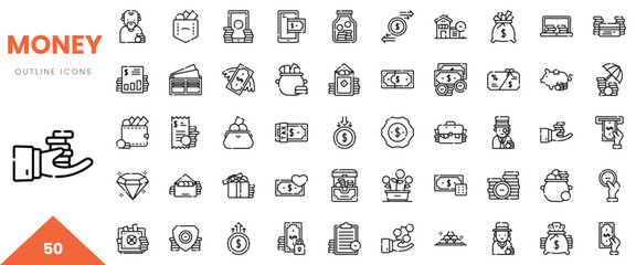 A diverse collection of outline icons representing money, finance, and investment themes.