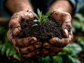 Hands Holding Soil with Sprout for Earth Day