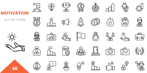 A collection of 40 outline icons representing motivation and achievement themes.