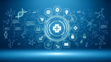 Medical and scientific icons illustrating healthcare technology advancements in a blue digital environment - Powered by Adobe