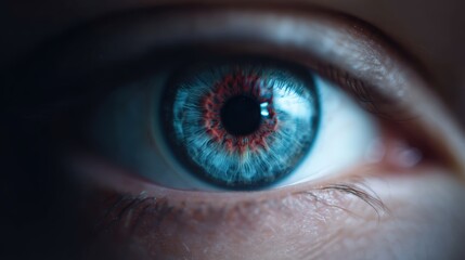 A close-up of a vibrant blue eye, showcasing intricate patterns and colors within the iris, highlighting the beauty of human anatomy.
