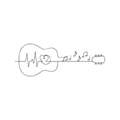 Creative guitar illustration with a heartbeat EKG line, heart symbol, and musical notes. Love music concept. Minimalist line art for tattoo, logo, or t-shirt design.
