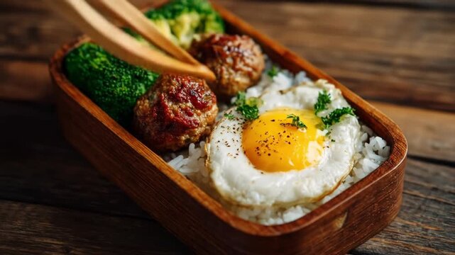 Wooden bento box with white rice, a sunny egg, two meatballs, broccoli, and chopped parsley garnish!
