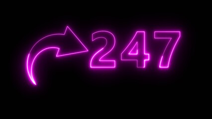 Neon business counter number. Neon count number 247 on black background. Neon count number.
